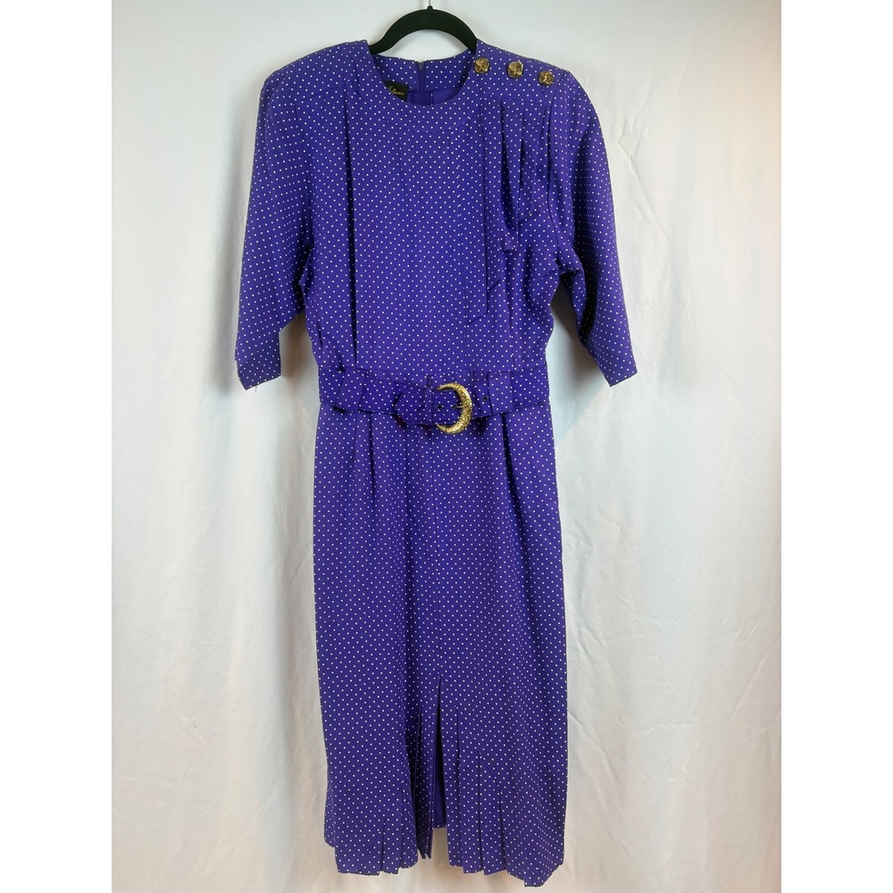 Positive Influence Vintage Purple‎ Polka Dot Belted Midi Dress Gold Buttons 80s